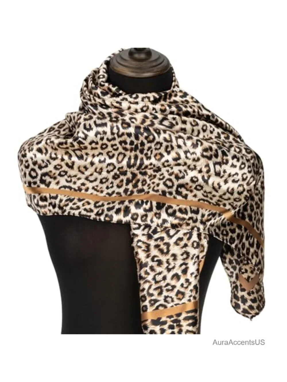 Large Square Fashion Scarf, Leopard Print Satin Feel, 35x35 in, Versatile Neck